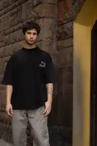 Erkek Kısa Kol Yazlık Tişört Bisiklet Yaka Baskılı Oversize T-Shirt - Siyah