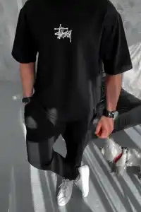 Erkek Kısa Kol Yazlık Tişört Bisiklet Yaka Baskılı Oversize T-Shirt - Siyah