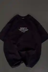 Kadın Baskılı T-Shirt Kısa Kol Bisiklet Yaka Oversize Rahat Kalıp Günlük Tişört   - Siyah