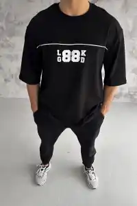 Erkek Kısa Kol Yazlık Tişört Bisiklet Yaka Baskılı Oversize T-Shirt - Siyah