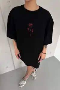 kadın Bisiklet Yaka Baskılı Oversize  Kısa kol T-Shirt - Siyah