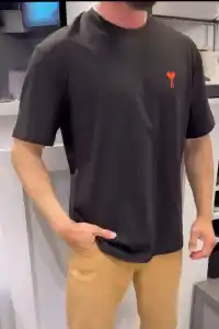 Erkek Kısa Kol Tişört Bisiklet Yaka KALP Baskılı Oversize T-Shirt - Siyah