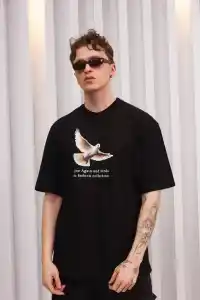 Erkek Kısa Kol Yazlık Tişört Bisiklet Yaka Baskılı Oversize T-Shirt - Siyah