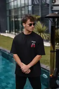 Erkek Kısa Kol Tişört Bisiklet Yaka Box Eldiven Baskılı T-Shirt -  Siyah