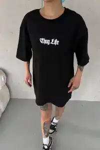 Kadın Kısa Kol Yazlık Tişört Bisiklet Yaka Baskılı Oversize T-Shirt -  Siyah