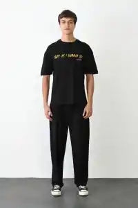Erkek Baskılı T-Shirt Kısa Kol Bisiklet Yaka Regular Fit Rahat Kalıp Günlük Tişört - Siyah