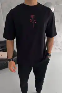 Erkek Bisiklet Yaka Baskılı Oversize  Kısa kol T-Shirt - Siyah