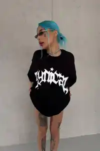 kadın Bisiklet Yaka Baskılı Oversize Kısa kol  T-Shirt - Siyah