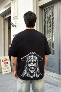 Erkek Kısa Kol Tişört Bisiklet Yaka Yıldırım Baskılı Oversize T-Shirt - Siyah