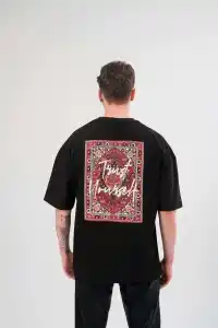 Erkek Kısa Kol Yazlık Tişört Bisiklet Yaka Baskılı Oversize T-Shirt - Siyah