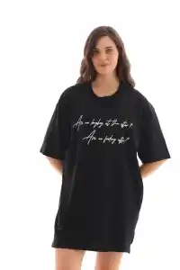 Kadın Kısa Kol Yazlık Tişört Bisiklet Yaka Baskılı Oversize T-Shirt - Siyah