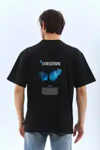 Erkek Kısa Kol Yazlık Tişört Bisiklet Yaka KELEBEK Baskılı  T-Shirt - Siyah