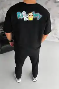 Erkek Kısa Kol Tişört Bisiklet Yaka RİCK AND MORTY Baskılı T-Shirt - Siyah