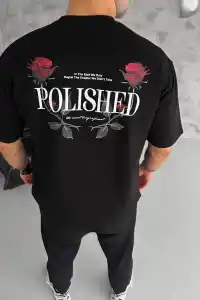 Erkek Kısa Kol Yazlık Tişört Bisiklet Yaka Baskılı Oversize T-Shirt - Siyah