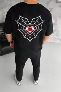 Erkek Kısa Kol Tişört Bisiklet Yaka ÖRÜMCEK Baskılı Oversize T-Shirt - Siyah