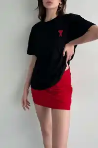 Kadın Tişört Bisiklet Yaka Baskılı Oversize Kısa Kol T-Shirt - Siyah
