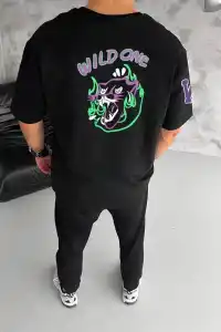 Erkek Kısa Kol Tişört Bisiklet Yaka W Wildone Baskılı T-Shirt - Siyah