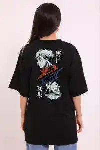 Kadın Kısa Kol Yazlık Tişört Bisiklet Yaka Baskılı Oversize T-Shirt - Siyah