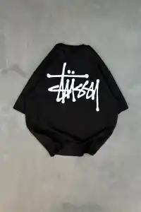 kadın Bisiklet Yaka Baskılı Oversize  Kısa kol T-Shirt - Siyah