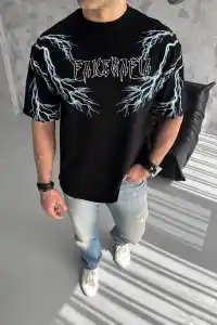 ERKEK Bisiklet Yaka Yıldırım Baskılı  Kısa kol T-Shirt-Siyah