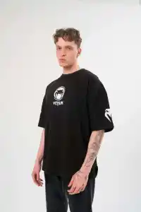 Erkek Kısa Kol Tişört Göğüs ve Kol Bisiklet Yaka Baskılı T-Shirt - Siyah