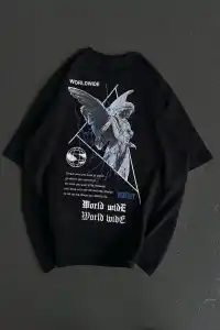 Kadın Baskılı T-Shirt Kısa Kol Bisiklet Yaka Oversize Rahat Kalıp Günlük Tişört   - Siyah