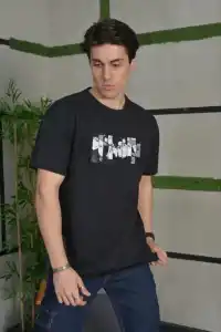 Erkek Kısa Kol Yazlık Tişört Bisiklet Yaka Baskılı Oversize T-Shirt - Siyah