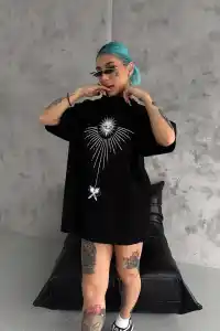 kadın Bisiklet Yaka Baskılı Oversize  Kısa kol T-Shirt - Siyah