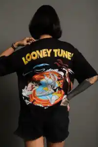 kadın Bisiklet Yaka Baskılı Oversize  Kısa kol T-Shirt - Siyah