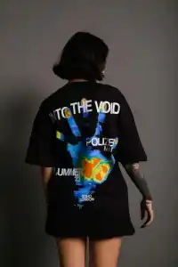 kadın Bisiklet Yaka Baskılı Oversize Kısa kol T-Shirt - Siyah