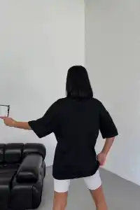 Kadın Kısa Kol Yazlık Tişört Bisiklet Yaka Los Angeles Baskılı T-Shirt - Siyah