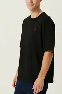 Erkek Kısa Kol Tişört Bisiklet Yaka KALP Baskılı Oversize T-Shirt - Siyah