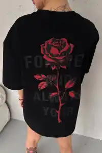 kadın Bisiklet Yaka Baskılı Oversize  Kısa kol T-Shirt - Siyah