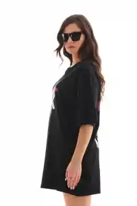 Kadın Baskılı T-Shirt Kısa Kol Bisiklet Yaka Regular Fit Rahat Kalıp Günlük Tişört -Siyah