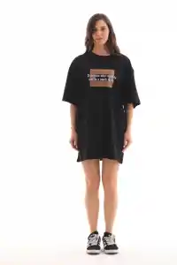 Kadın Baskılı T-Shirt Kısa Kol Bisiklet Yaka Oversize Rahat Kalıp Tişört - Siyah