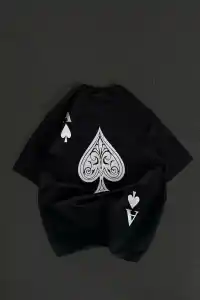 Kadın Baskılı T-Shirt Kısa Kol Bisiklet Yaka Oversize Rahat Kalıp Günlük Tişört - Siyah