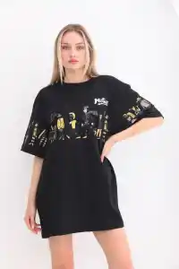 Kadın Kısa Kol Yazlık Tişört Bisiklet Yaka Baskılı Oversize T-Shirt - Siyah
