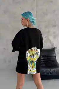 Kadın Kısa Kol Yazlık Tişört Bisiklet Yaka Baskılı Oversize T-Shirt - Siyah