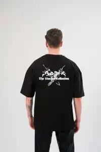 Erkek Kısa Kol Tişört Bisiklet Yaka YONCA Baskılı Oversize T-Shirt - Siyah