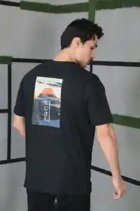 Erkek Kısa Kol Yazlık Tişört Bisiklet Yaka Baskılı Oversize T-Shirt - Siyah