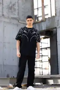 Erkek Yıldırım şimşek Baskılı T-Shirt Kısa Kol Bisiklet Yaka Tişört - Siyah