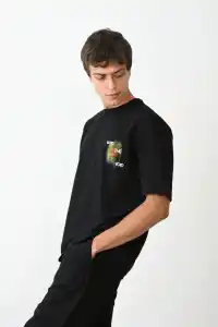 Erkek Kısa Kol Yazlık Tişört Bisiklet Yaka Baskılı Oversize T-Shirt - Siyah