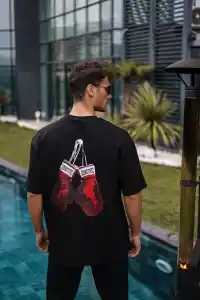 Erkek Kısa Kol Tişört Bisiklet Yaka Box Eldiven Baskılı T-Shirt -  Siyah