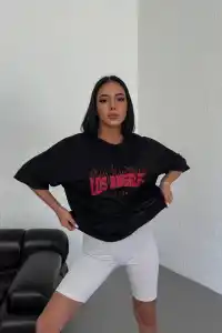 Kadın Kısa Kol Yazlık Tişört Bisiklet Yaka Los Angeles Baskılı T-Shirt - Siyah