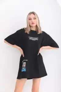 kadın  Bisiklet Yaka Baskılı Oversize T-Shirt - Siyah