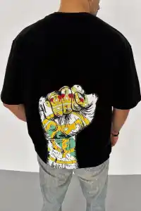 ERKEK Tişört Bisiklet Yaka Baskılı Oversize T-Shirt - Siyah
