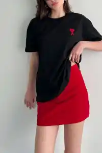 Kadın Tişört Bisiklet Yaka Baskılı Oversize Kısa Kol T-Shirt - Siyah