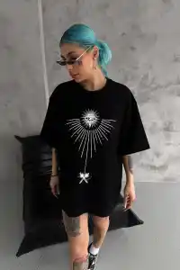 kadın Bisiklet Yaka Baskılı Oversize  Kısa kol T-Shirt - Siyah