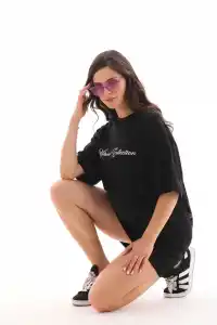 Kadın Baskılı T-Shirt Kısa Kol Bisiklet Yaka Oversize Rahat Kalıp Günlük Tişört - Siyah