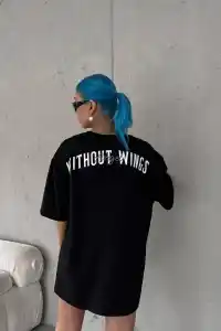 Kadın Kısa Kol Yazlık Tişört Bisiklet Yaka Baskılı Oversize T-Shirt -  Siyah